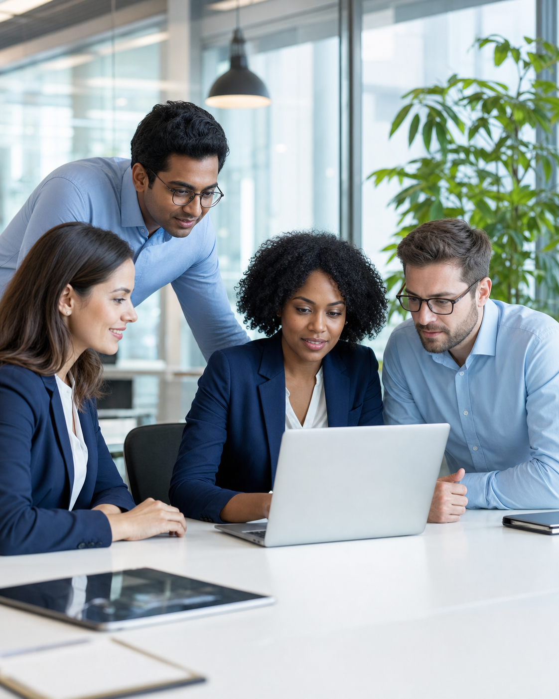 Intelicore team collaborating around a laptop