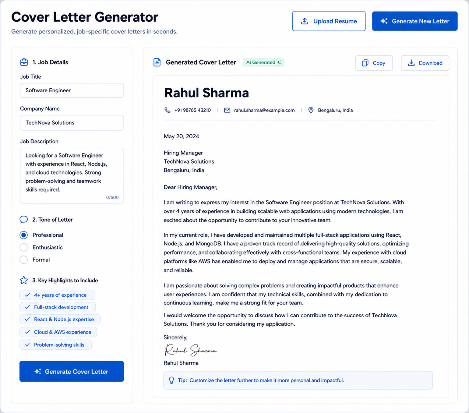 CareerBot Cover Letter Generator interface