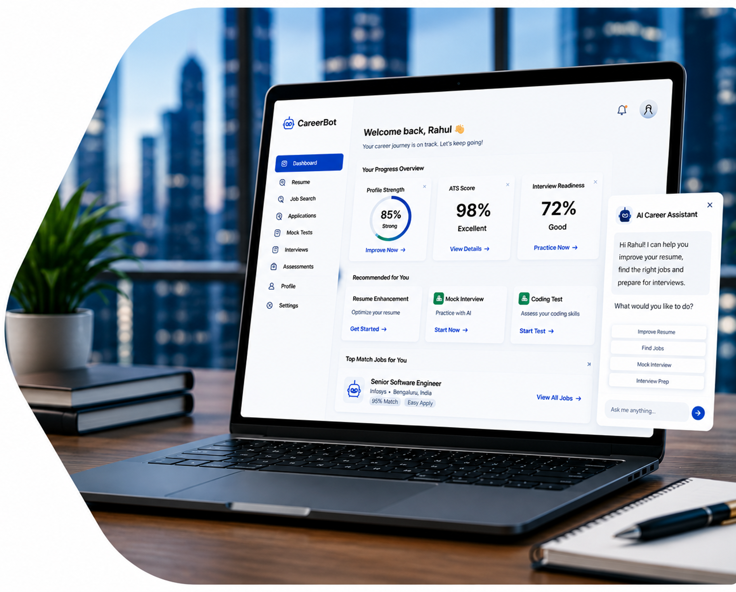 CareerBot AI dashboard displayed on a laptop