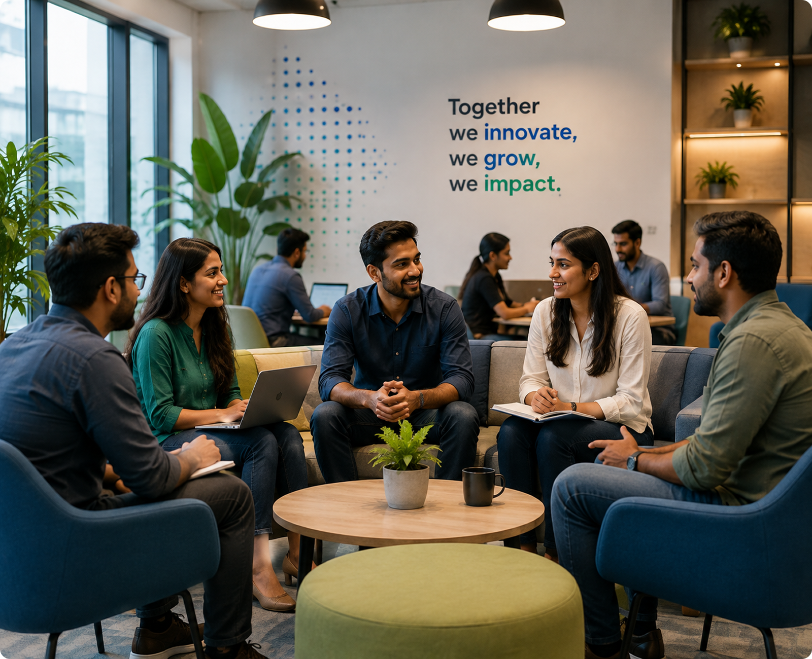 Intelicore colleagues sharing ideas in a collaborative lounge