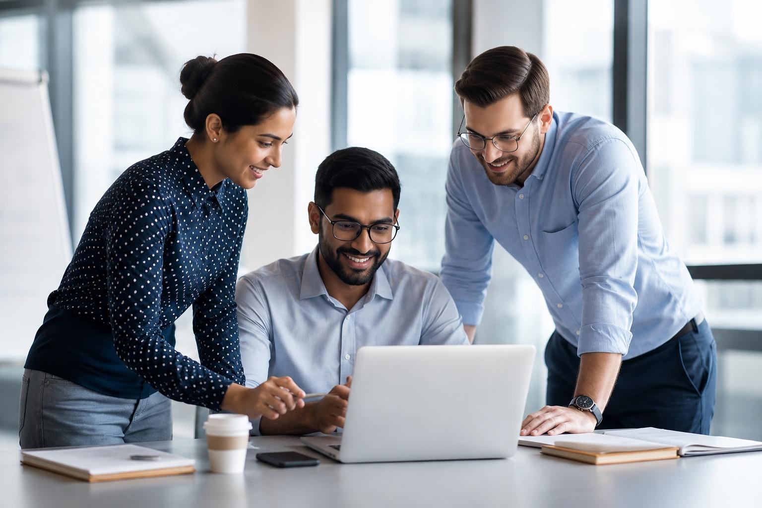 Specialist team collaborating around a laptop