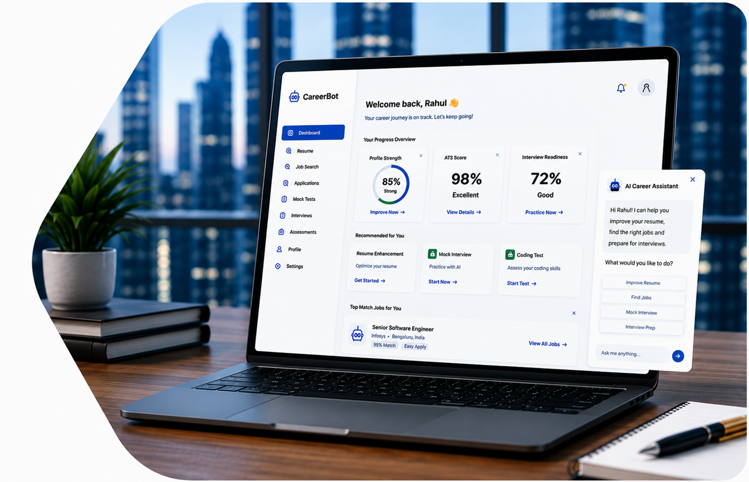 CareerBot AI dashboard displayed on a laptop
