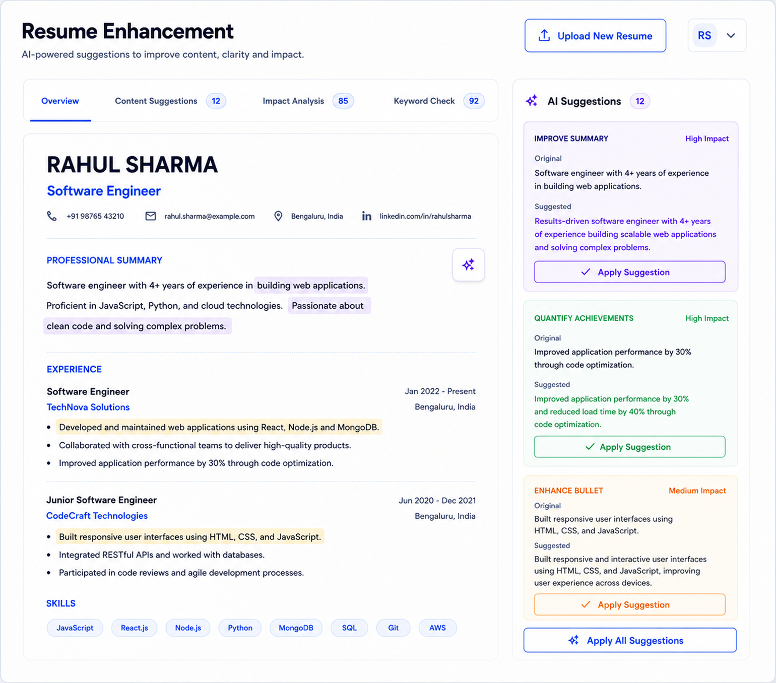 CareerBot Resume Enhancement interface