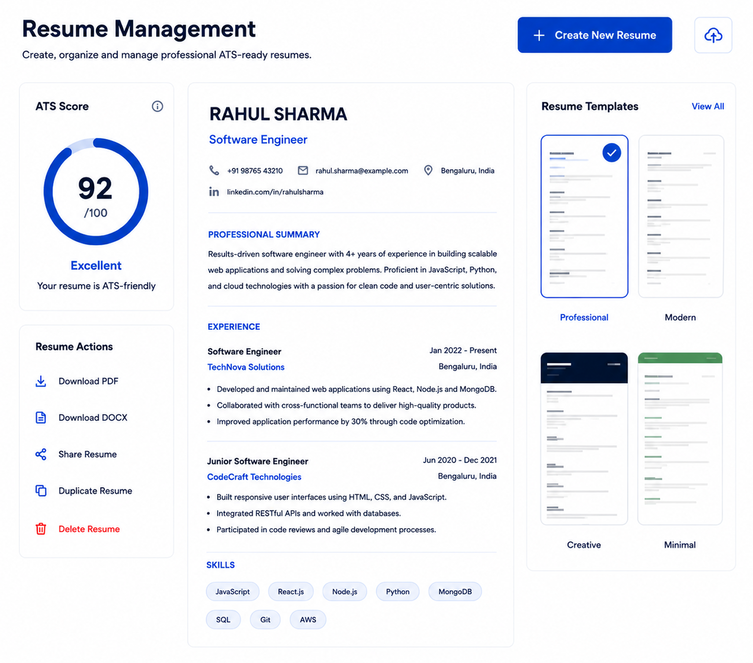 CareerBot Resume Management interface