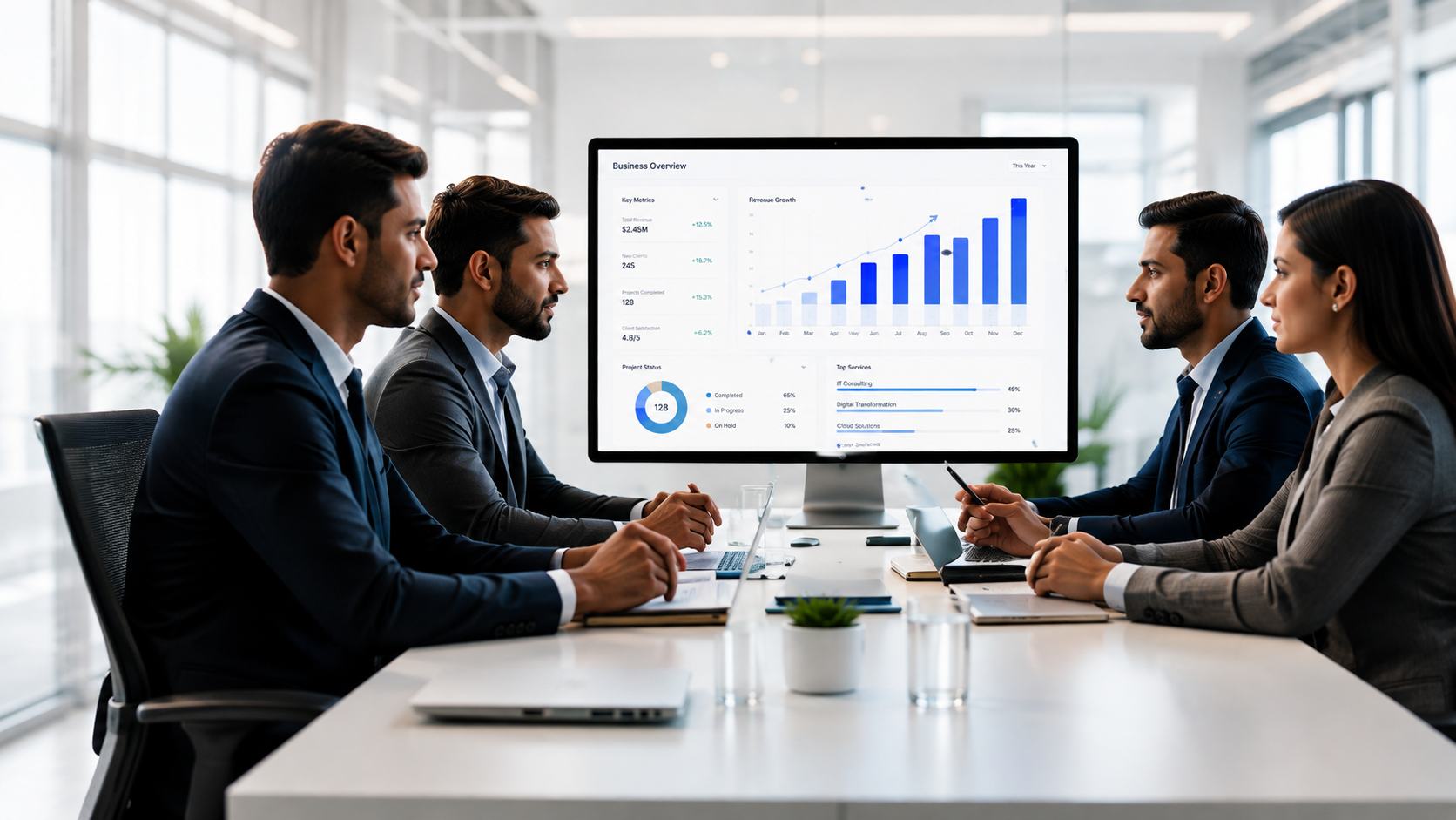 Technology consultants reviewing business analytics