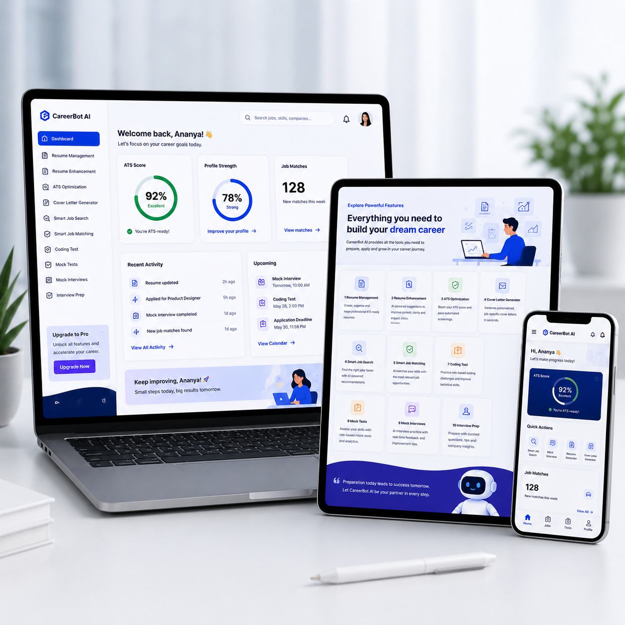 CareerBot platform displayed across laptop, tablet, and mobile